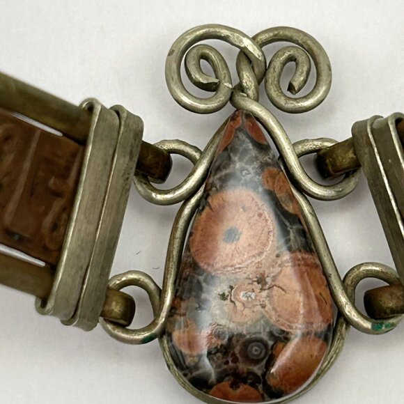 Vintage Egyptian Revival Jasper Stone Bracelet Brass Mixed Metal 6.75 in - Picture 6 of 16